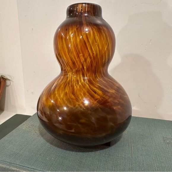 Vintage tortoise brown art glass gourd shaped bubble bud vase weed vase - Picture 5 of 7